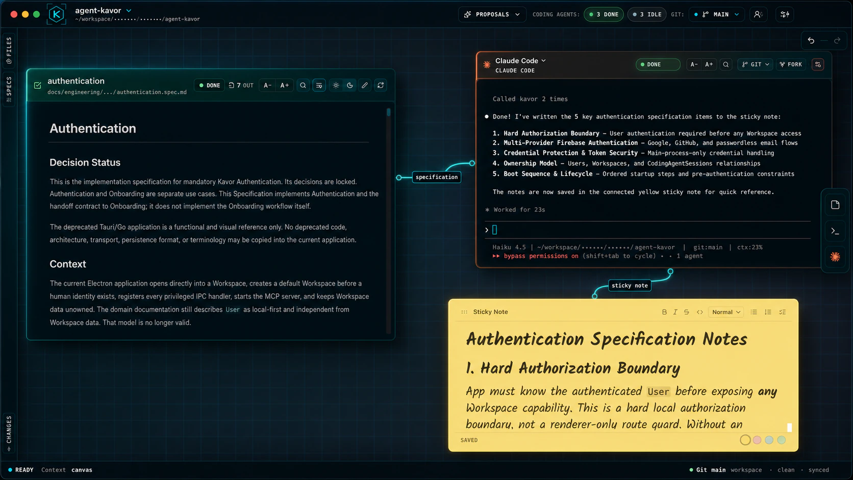 The Agent Kavor screen showing a specification, an agent session, and a sticky note.